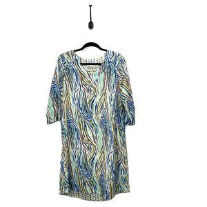 Soft Surroundings Blue and Green Patterned Long Sleeve Dress